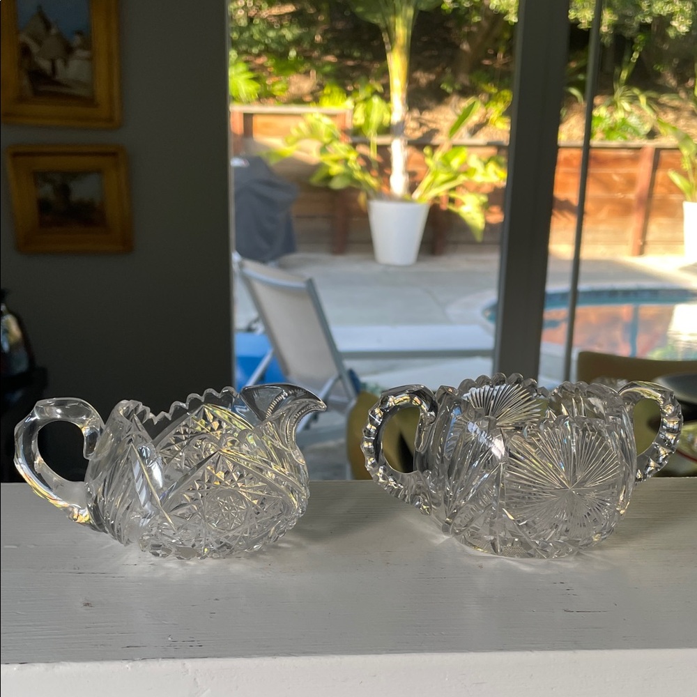 Cut Crystal Creamer and Sugar Bowl Set - Clear Glass